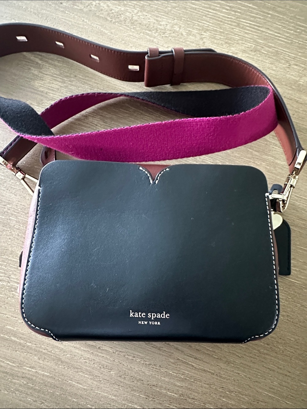 kate spade Black Leather Crossbody Camera Bag with Pink and Brown Strap